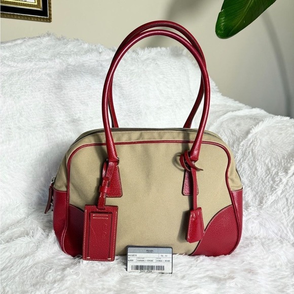 PRADA  -Red Leather and Canvas‎ Bowling Bag. - Picture 1 of 16